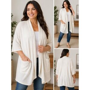 89th + Madison Womens Ivory Open Front Cardigan Shawl Collar Pocket Sweater M